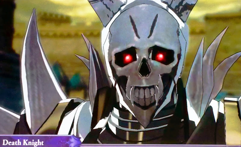 Close up photograph of a TV showing Death Knight in Fire Emblem Three Houses.