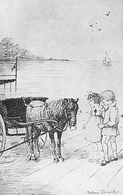 Drawing of two kids with a pony from The kids from Laura Lee Hope's "Bunny Brown and His Sister Sue and Their Shetland Pony"