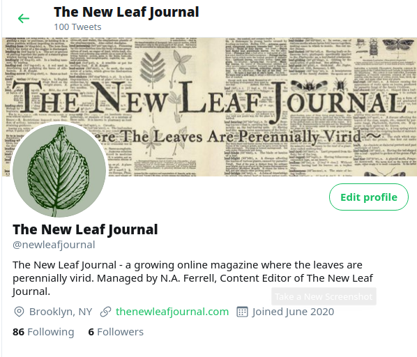 The New Leaf Journal Twitter header after I learned how to change the Twitter username from leaf_journal to newleafjournal.