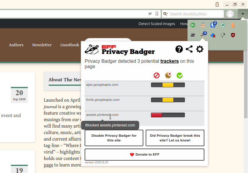 Picture of Privacy Badger revealing a mysterious Pinterest tracker.