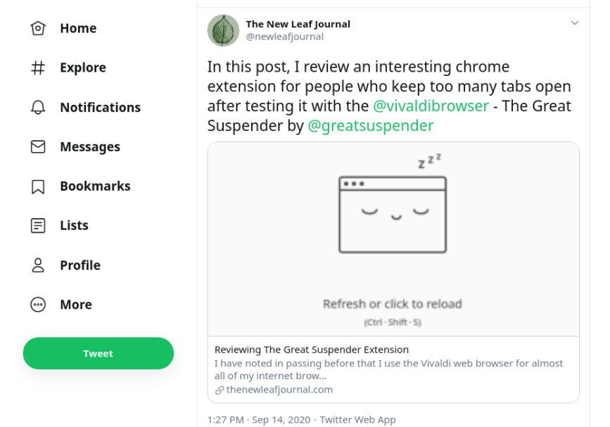 The New Leaf Journal tweet of an article on The Great Suspender chrome extension as used on the Vivaldi web browser, which achieved unexpected Twitter success when it was shared by Vivaldi itself.