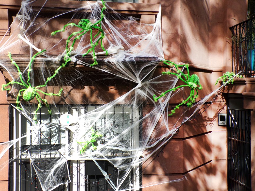 A picture of five green Halloween spiders adorning a brownstone in Carroll Gardens.