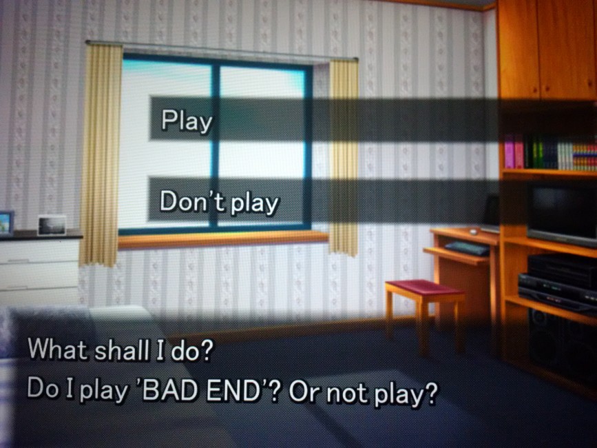 Scene in the Bad End visual novel asking the player whether to play or not play "Bad End" within the game.