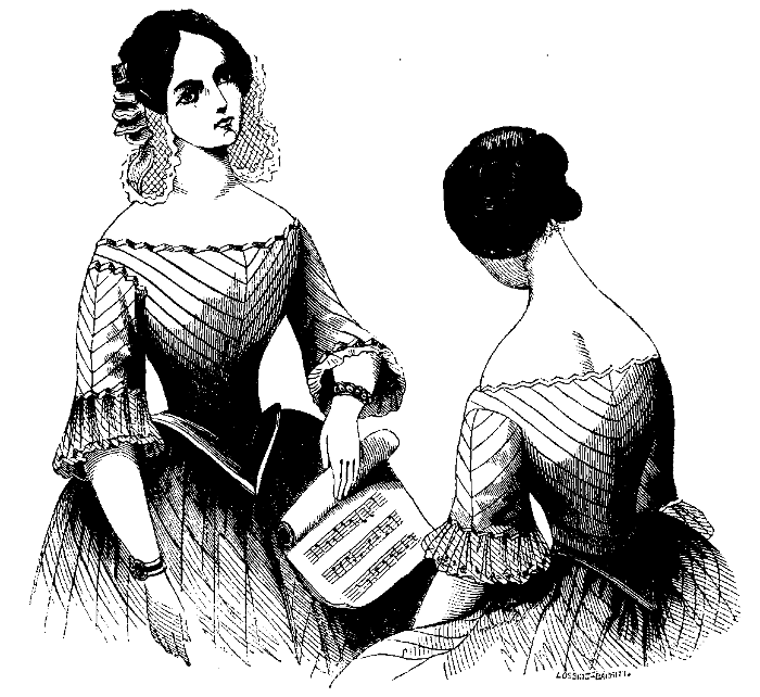 Picture of two women in nineteenth century evening dresses from Harper's Magazine in 1850.
