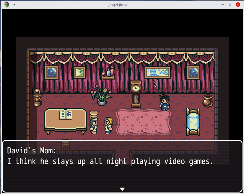 From Victor V. Gurbo's video game project, Jingzi Jingzi - David's mom expresses concern that David stays up all night playing video games.