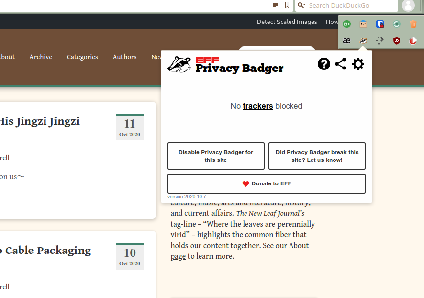 Privacy Badger extension used on the Vivaldi web browsers confirms the absence of third-party trackers on The New Leaf Journal homepage, including an annoying Pinterest tracking script that had been haunting the site for several weeks.