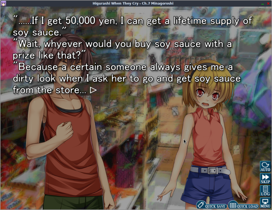 Scene with Keichi and Satoko in a toy store from chapter 7 of Higurashi: When they Cry. Keichi says he would spend 50,000 yen on soy sauce. Satoko asks "whyever" would he do that.
