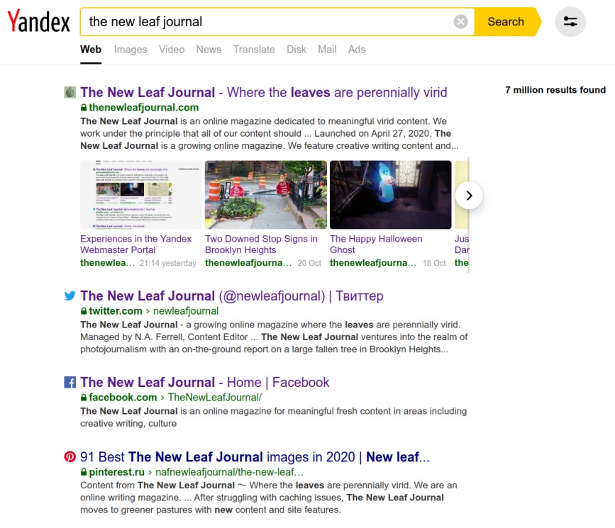 The Yandex search results and carousel for the term "the new leaf journal" on October 22, 2020, showing the featured image for a New Leaf Journal article that was a picture of the previous day's Yandex search results.