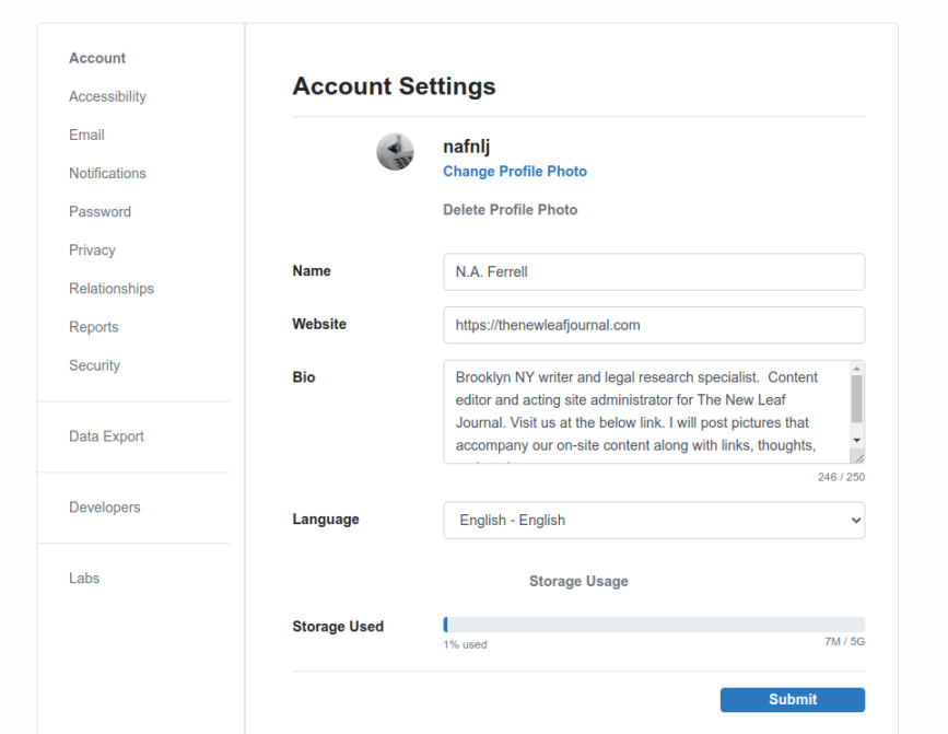 The account settings page at pixelfed.social.