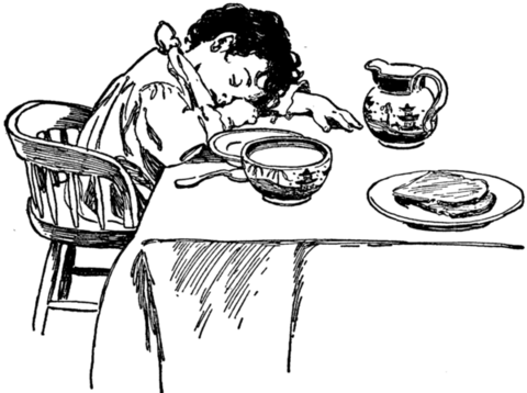 Illustration of a child falling asleep at the table from R.L. Stevenson's "A Child's Garden of Verses" (1905)