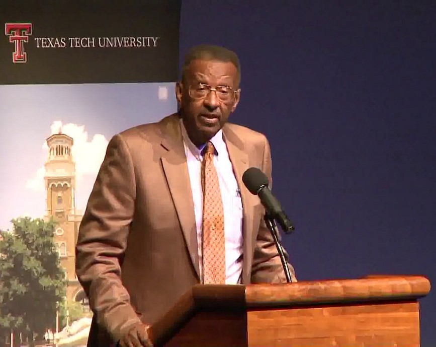 Picture of the late Walter E. Williams speaking at the Free Market Institute at Texas  Tech University in 2013. Thomas Sowell, one of Williams's closest friends, touted his being an objective educator.