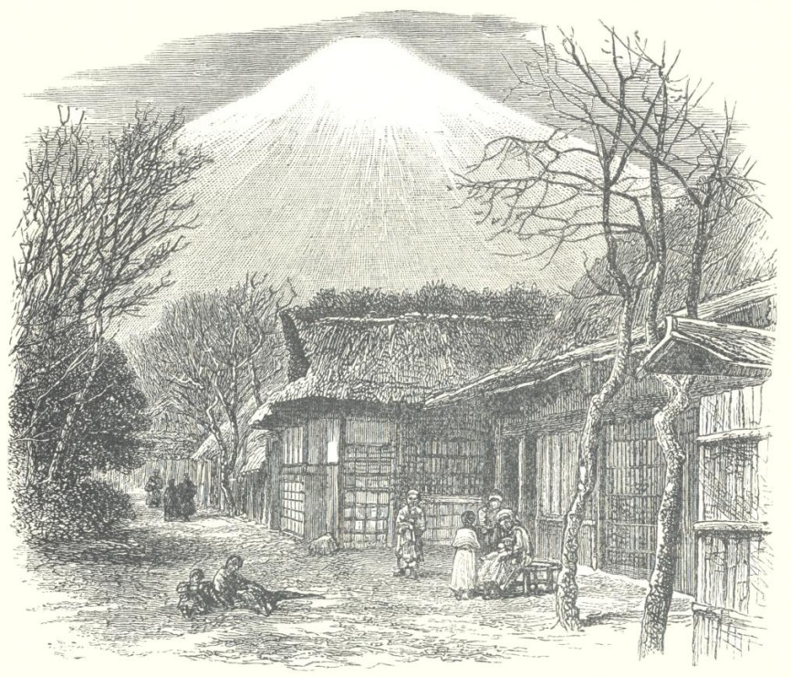 Illustration of Mt. Fuji from a village in Tokaido in "Unbeaten Tracks in Japan" (1911).