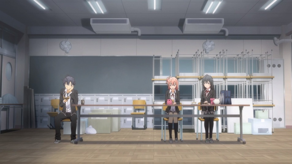 Hachiman Hikigaya, Yui Yuigahama, and Yukino Yukinoshita sitting together in the Service Club clubroom in the second season of My Youth Comedy is as Wrong as I Expected.