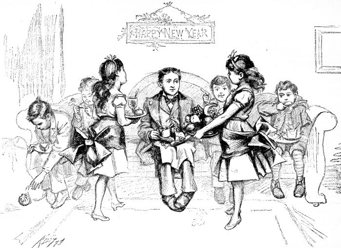 "AN EMBARRASSMENT OF RICHES.—Drawn by J. E. Kelly."  Retrieved from the December 30, 1879 edition of Harper's Young People. The image features a young boy sitting on a couch under a New Years banner while two girls give him presents.