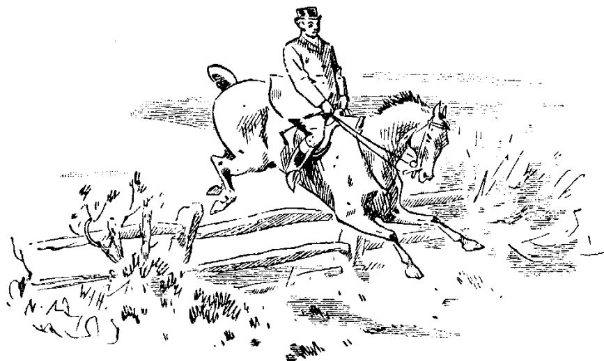 Sketch of an equestrian from the December 31, 1893 edition of Punch Magazine - captioned "Old Year.--'Over!'" as the horse is in mid-jump over a fence.