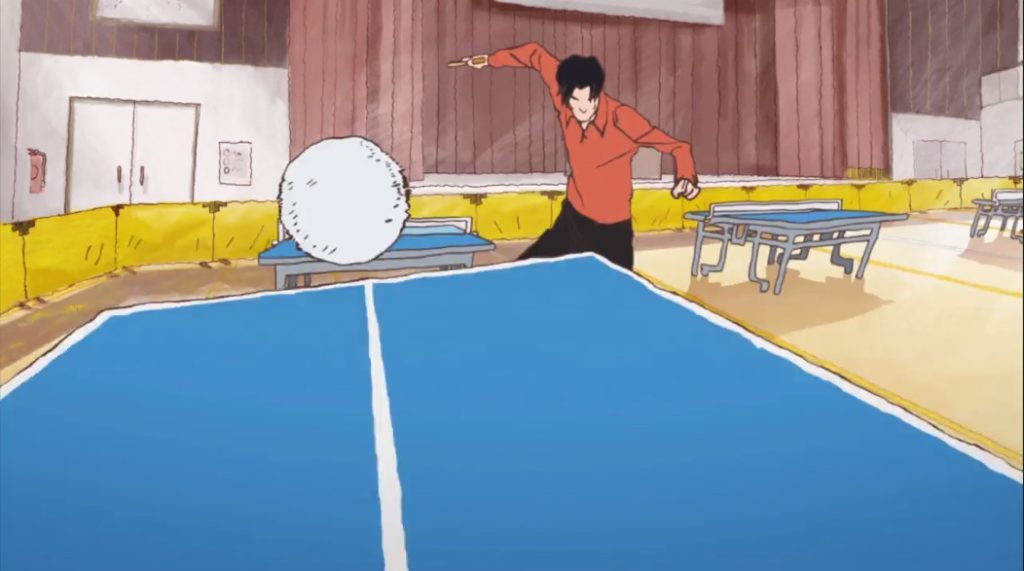 Kong Wenge hits a serve in the first episode of Ping Pong the Animation.