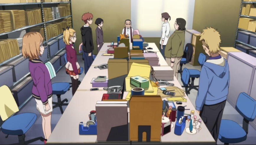 Scene from an anime staff meeting in the first episode of Shirobako.