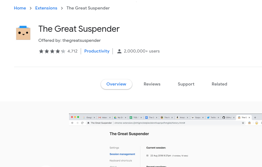 Chrome extension page for The Great Suspender.