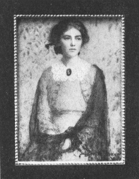 A black and white picture of a miniature painting by Helen M. Thomas of a girl in a green shawl, clipped from the January 15, 1917 edition of The Mentor magazine.