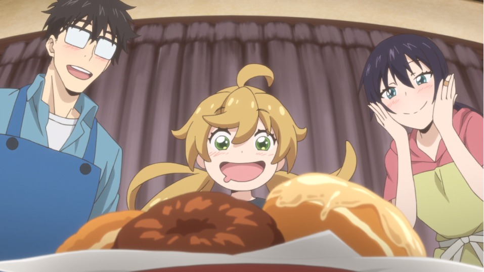 Kōhei and Tsumugi Inuzaka and Kotori Iida look excitedly at donuts they made together in episode 5 of the Sweetness and Lighting Anime.