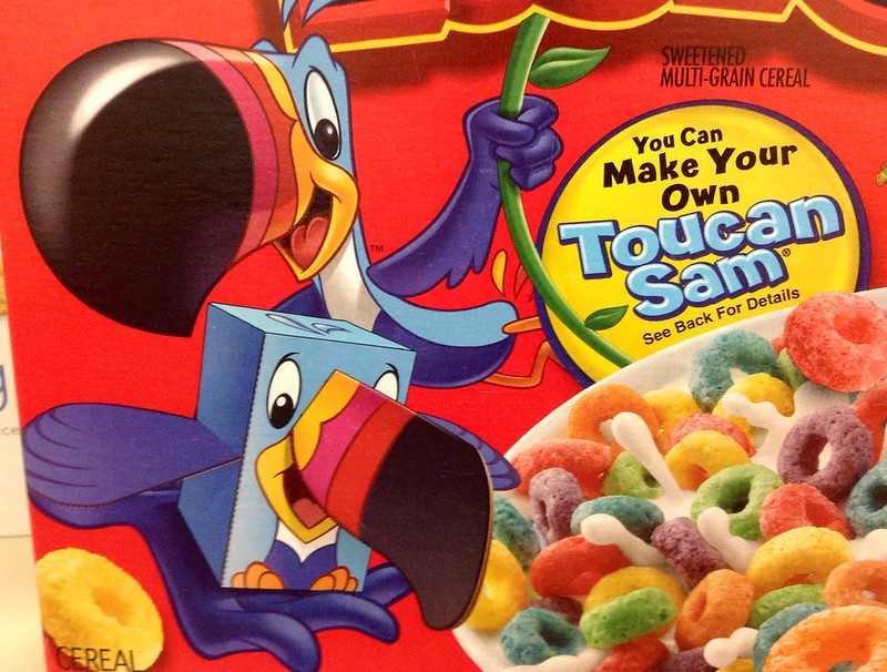 Description courtesy of the photographer, Mike Mozart, via Flickr:  Froot Loops Cereal "Make Your Own Toucan Sam" Cut Out and Assemble Papercraft model on Cereal Box Back. At CVS Pharmacy February 2014. Pictures by and Featuring Mike Mozart of TheToyChannel and JeepersMedia on YouTube. Plz Share these Pictures under Creative Commons Attribution