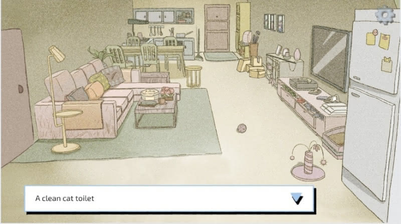 Scene of a character talking about a "cat toilet" in the LoveChoice visual novel on Steam.