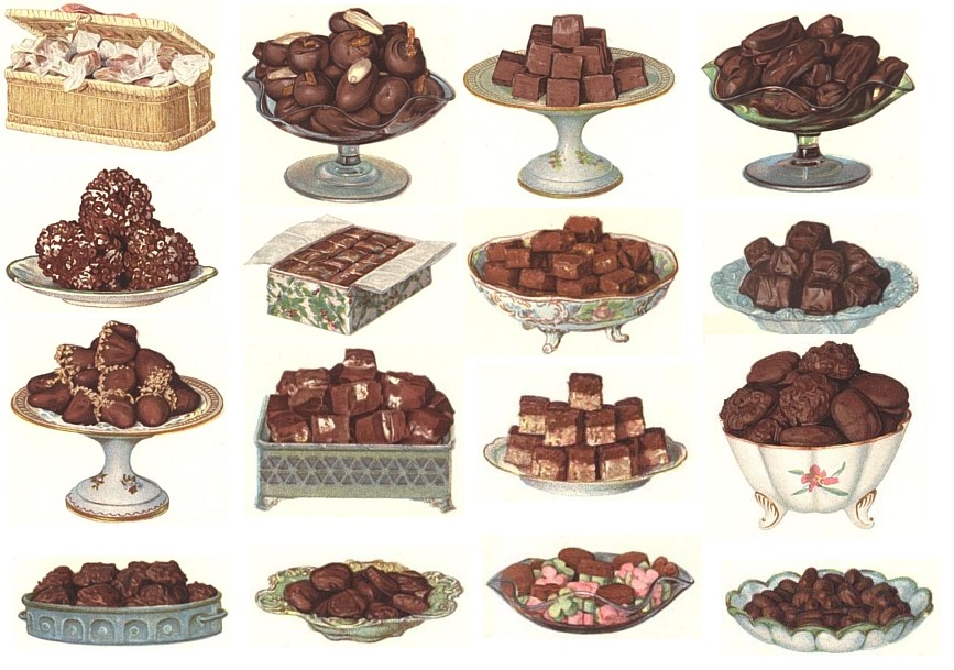 A collage of chocolate dishes clipped from "Chocolate and Cocoa Recipes" by Maria Parola and Janet McKenzie Hill.