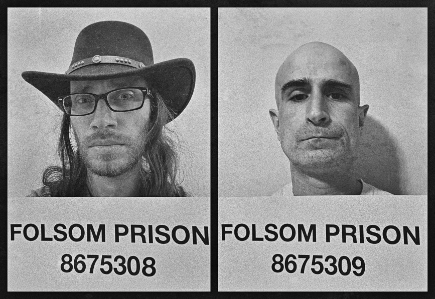 Artistic rendition of mug shots for Victor Gurbo and Mark Caserta, placing them at Folsom Prison - title card for their rendition of Johnny Cash's "Folsom Prison Blues"