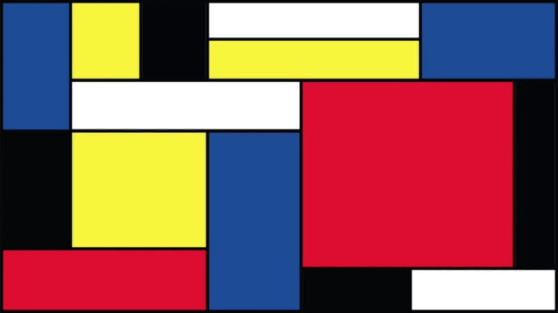 The cover for Victor V. Gurbo's Mondrian with the design being inspired by one of Piet Mondrian's iconic red, black, blue, yellow, and white paintings.