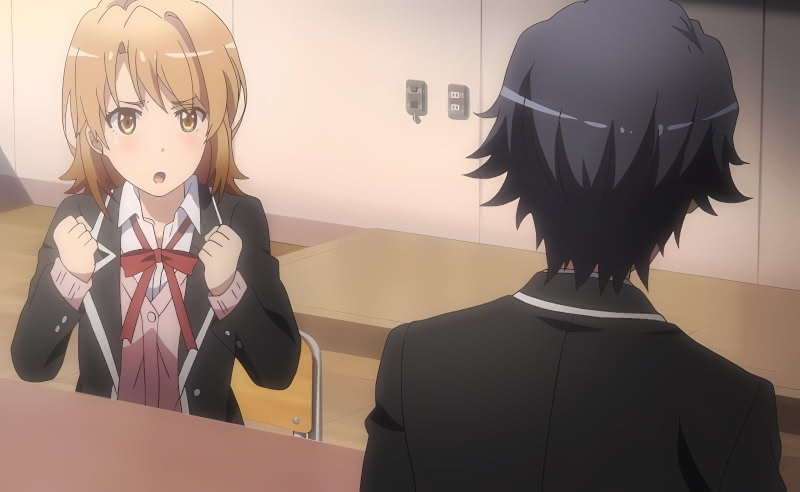 Iroha Isshiki with her natural brown hair pictured talking to Hachiman Hikigaya in episode 3 of season 2 of My Teen Romantic Comedy SNAFU 2