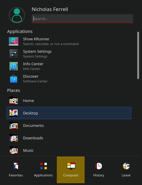 KDE Plasma start menu using Mondrian Dark theme.