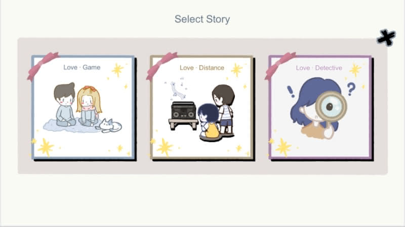 Story select screen for the LoveChoice visual novel.