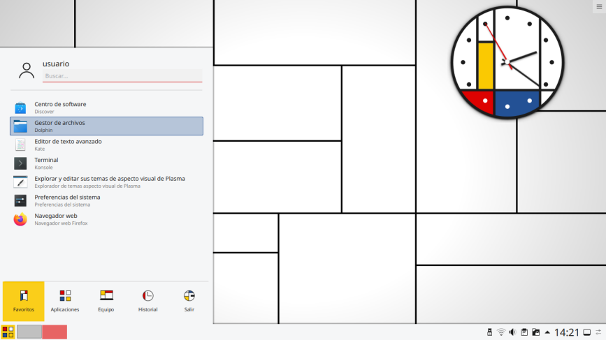 Screenshot of a KDE Plasma desktop with the Mondrian theme.