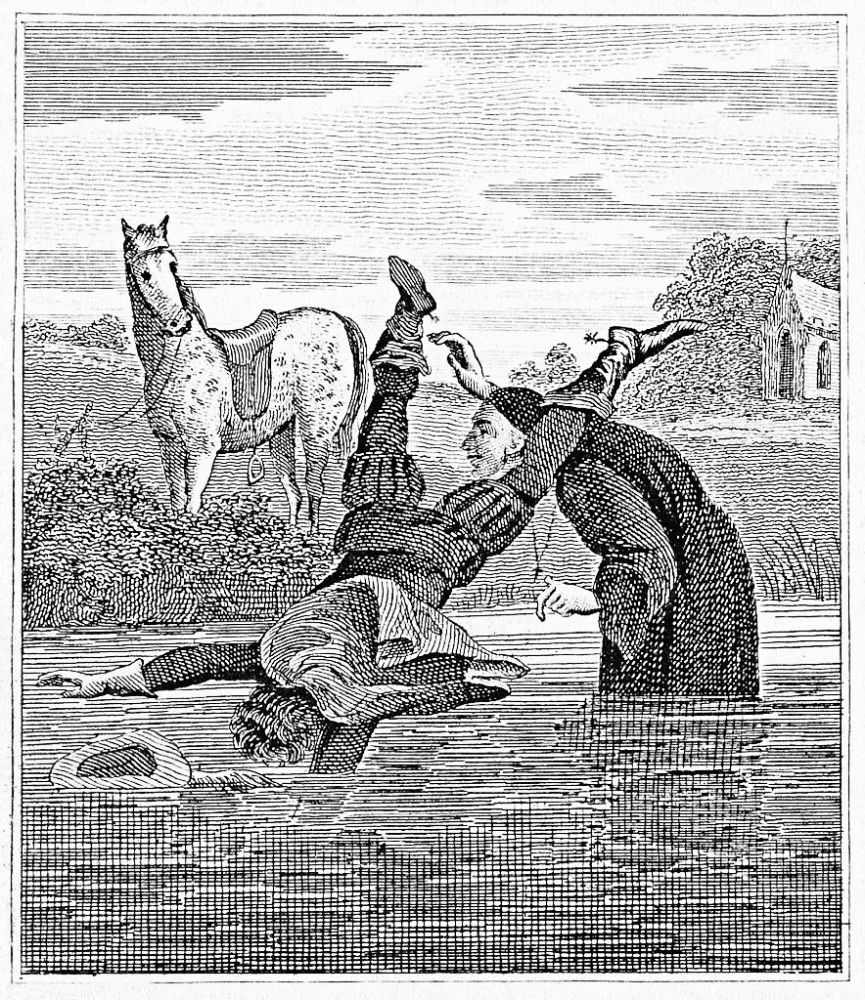 1821 etching for a book of Robin Hood being thrown into a river by a friar.