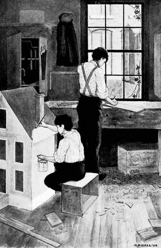 Illustration of two boys creating a dollhouse in a workshop - clipped from "The Boy Craftsman" (1905)