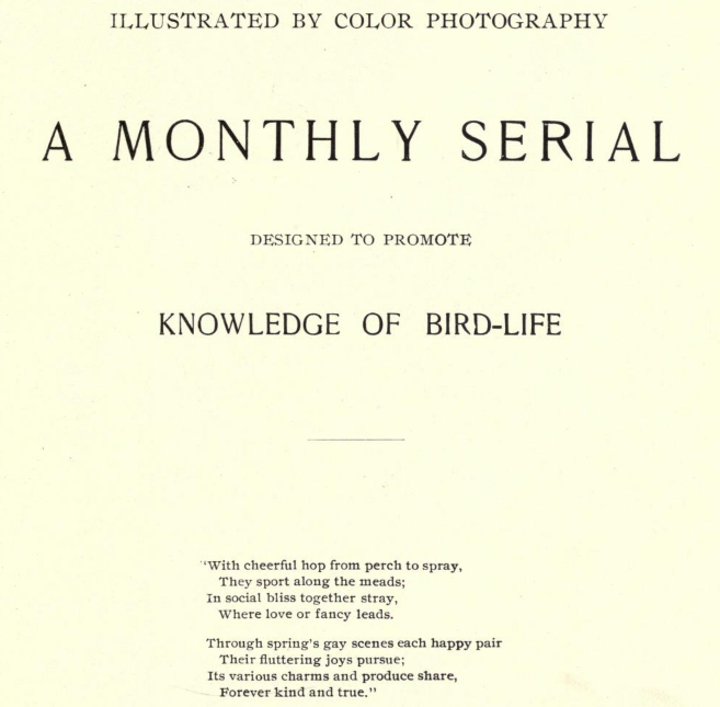 Title page of the January 1897 issue of Birds: Illustrated By Color Photography - featuring a bird poem