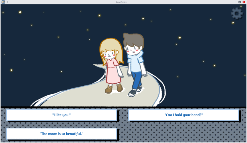 A scene from a date in the Steam visual novel, LoveChoice, wherein one of the choices is "The moon is so beautiful"
