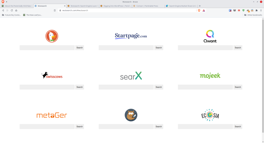 Screenshot of the Wutsearch search engine launchpad on Brave