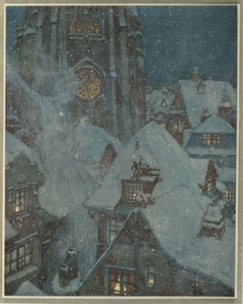 Illustration of a snow scene by Edmund Dullac for Hans Christian Andersen's "Stories from Hans Christian Andersen"
