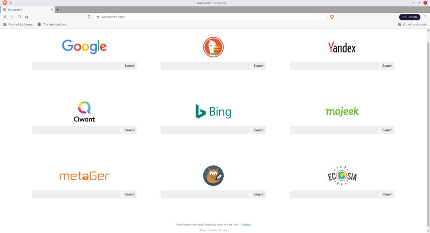 Screenshot of Jeff Starr's Wutsearch search engine launchpad on the Brave web browser.