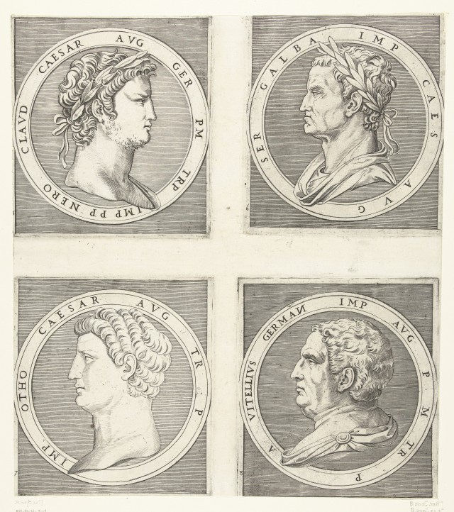 Manuscript depicting Emperor Nero, Emperor Galba, Emperor Otho, and Emperor Vitellius