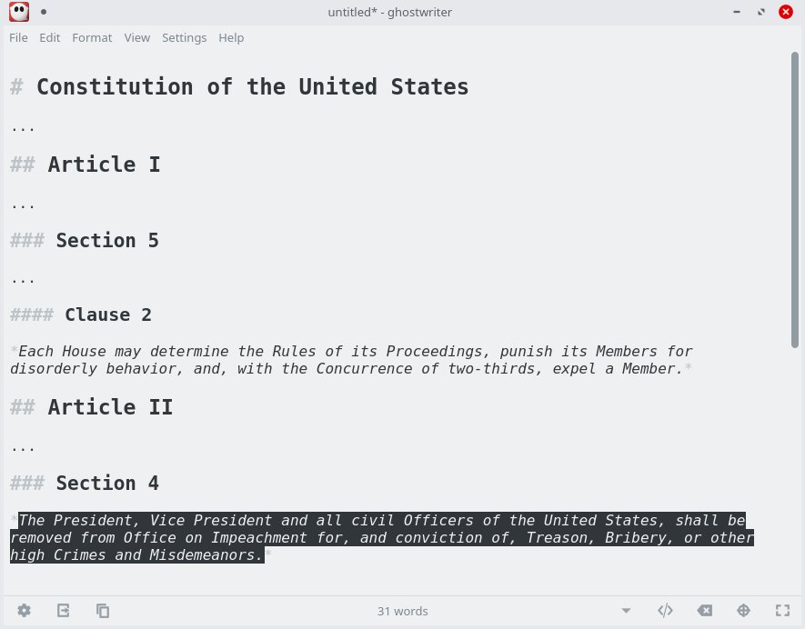 Two key constitutional passages on impeachment written in markdown format with Ghostwriter.
