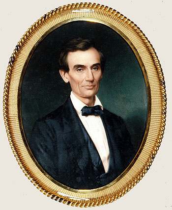Miniature painting of Abraham Lincoln by John Henry Brown. Watercolor on ivory. Completed on August 25, 1860.