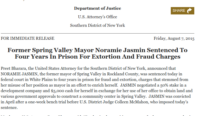 Clip of SDNY press release announcing 2015 sentence for Noramie Jasmin for her conviction for extortion and fraud charges