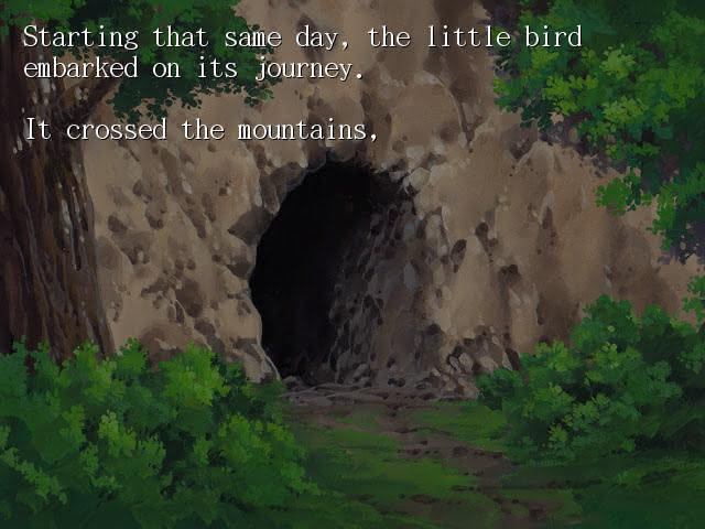 Scene about bird crossing mountains in The Poor Little Bird.