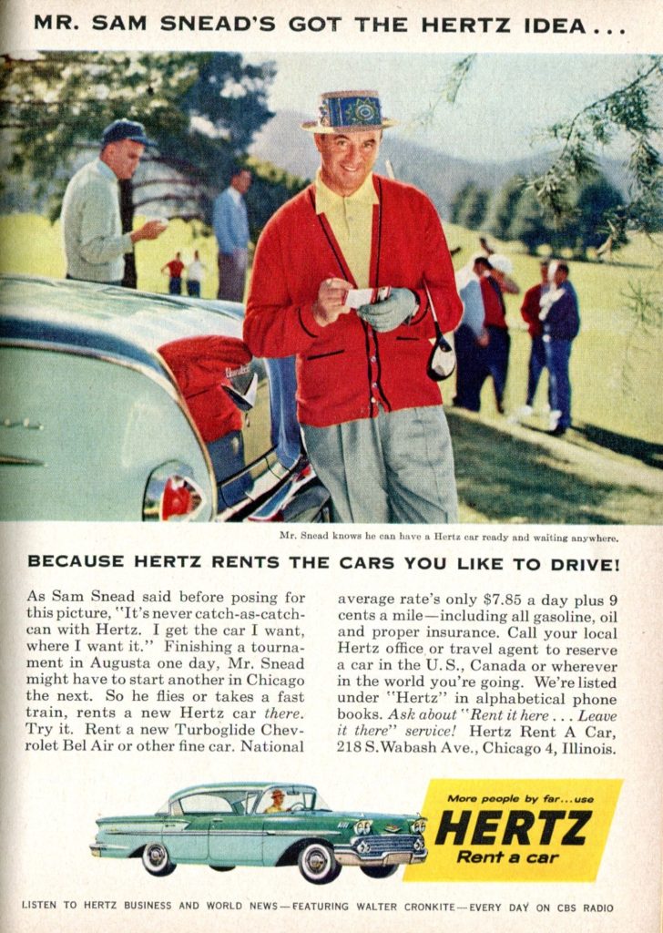 A 1958 Hertz rental car ad featuring golfer Sam Snead