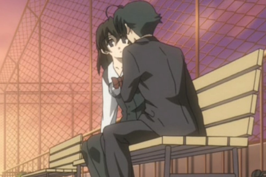 Sekai and Makoto prepare to kiss in the School Days anime