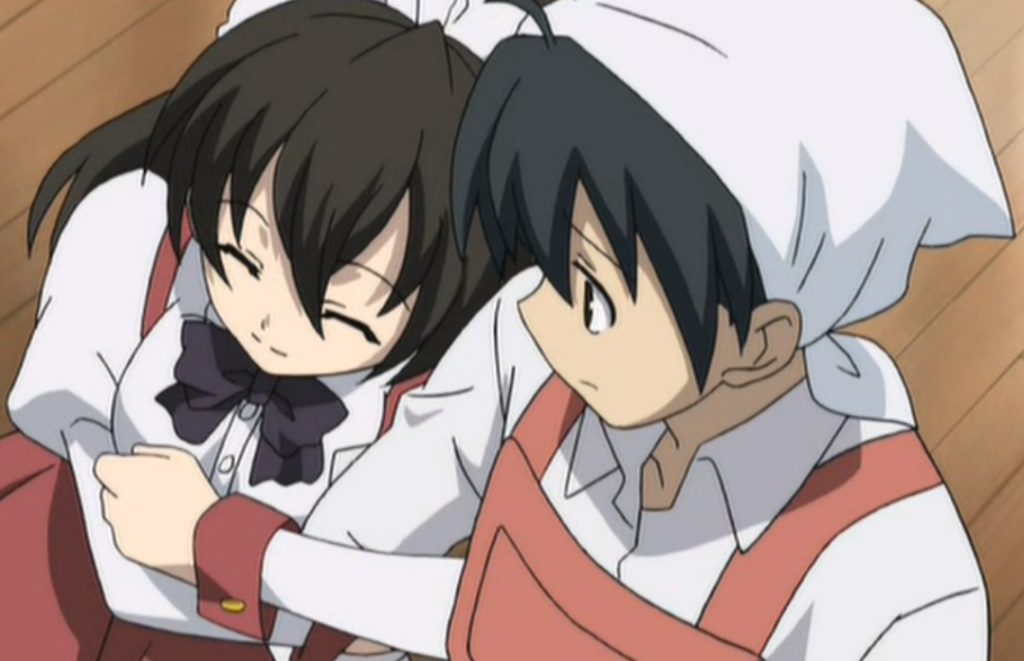 Sekai clinging to Makoto in the School Days anime.