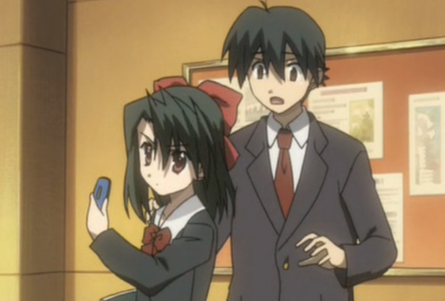 Setsuna takes Makoto's phone to delete Kotohona's phone number in the School Days anime
