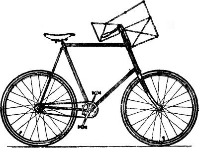 1897 depiction of a bicycle with a newspaper rack on the front for paperboys, touted as a new invention in "The Great Round World and What Is Going On In It"